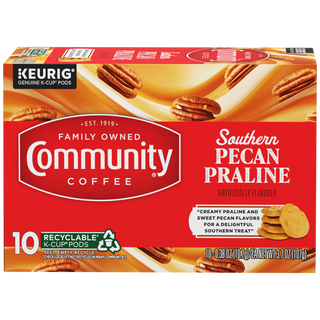 A ten-count box of Community Coffee Southern Pecan Praline flavored coffee K-Cups, shown from the front.