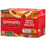A ten-count box of Community Coffee Southern Pecan Praline flavored coffee K-Cups, rotated a quarter-turn to the left.