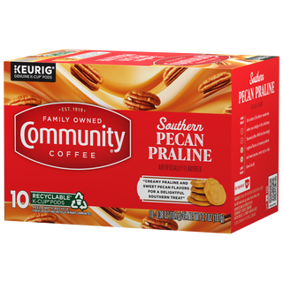 A ten-count box of Community Coffee Southern Pecan Praline flavored coffee K-Cups, rotated a quarter-turn to the left.