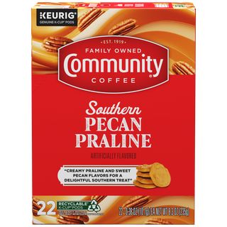 A twenty-two-count box of Community Coffee Southern Pecan Praline flavored coffee K-Cups, shown from the front.