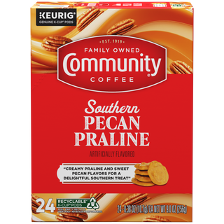 A twenty-four-count box of Community Coffee Southern Pecan Praline flavored coffee K-Cups, shown from the front.