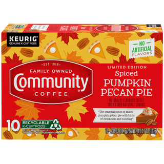 A ten-count box of Community Coffee Spiced Pumpkin Pecan Pie flavored coffee K-Cups, shown from the front.