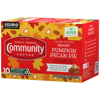 A ten-count box of Community Coffee Spiced Pumpkin Pecan Pie flavored coffee K-Cups, rotated a quarter-turn to the left.