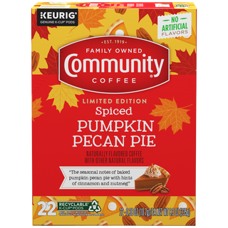 A twenty-two-count box of Community Coffee Spiced Pumpkin Pecan Pie flavored coffee K-Cups, shown from the front.