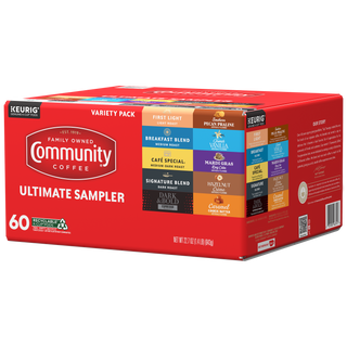 A sixty-count variety box of Community Coffee K-Cup blends and flavors, including First Light light roast, Breakfast Blend medium roast, Cafe Special medium-dark roast, Signature Blend dark roast, Dark and Bold Espresso Roast, Southern Pecan Praline, French Vanilla, Mardi Gras King Cake, Hazelnut Creme, and Caramel Cookie Butter.