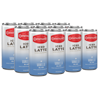 A set of twelve Community Coffee Vanilla Bliss Iced Latte cans.