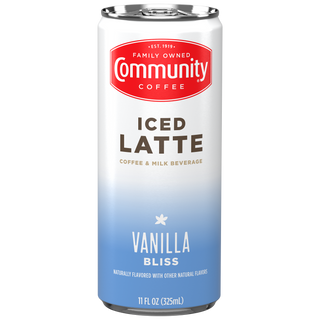 A Community Coffee Vanilla Bliss Iced Latte can, shown from the front.