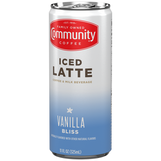A Community Coffee Vanilla Bliss Iced Latte can, rotated a quarter-turn to the left.