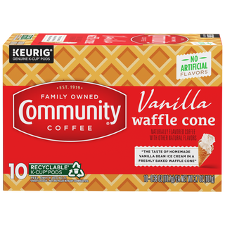 A ten-count box of Community Coffee Vanilla Waffle Cone flavored coffee K-Cups, shown from the front.