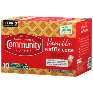 A ten-count box of Community Coffee Vanilla Waffle Cone flavored coffee K-Cups, rotated a quarter-turn to the left.