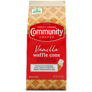 An eleven-ounce bag of ground Community Coffee Vanilla Waffle Cone flavored coffee, shown from the front.