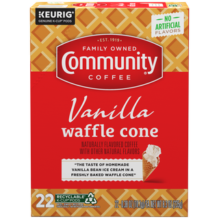 A twenty-two-count box of Community Coffee Vanilla Waffle Cone flavored coffee K-Cups, shown from the front.