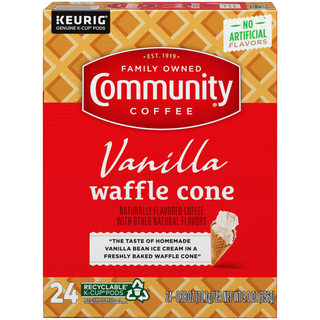 A twenty-four-count box of Community Coffee Vanilla Waffle Cone flavored coffee K-Cups, shown from the front.