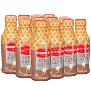 A set of twelve Community Coffee Vanilla Waffle Cone Iced Latte bottles.