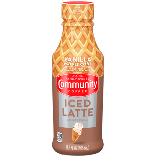A Community Coffee Vanilla Waffle Cone Iced Latte bottle, shown from the front.