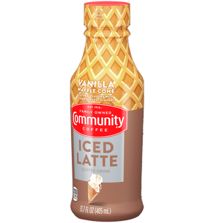 A Community Coffee Vanilla Waffle Cone Iced Latte bottle, rotated a quarter-turn to the left.